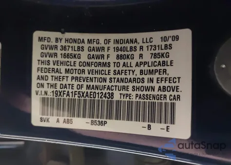 2010 Honda Civic Lx z USA, uszkodzony, nr VIN 19XFA1F5XAE012438